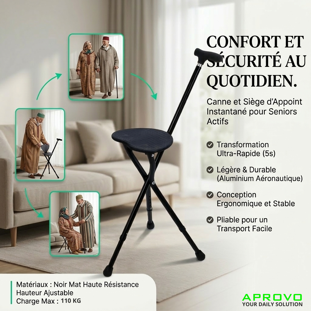 Canne avec Siège Pliable 2-en-1